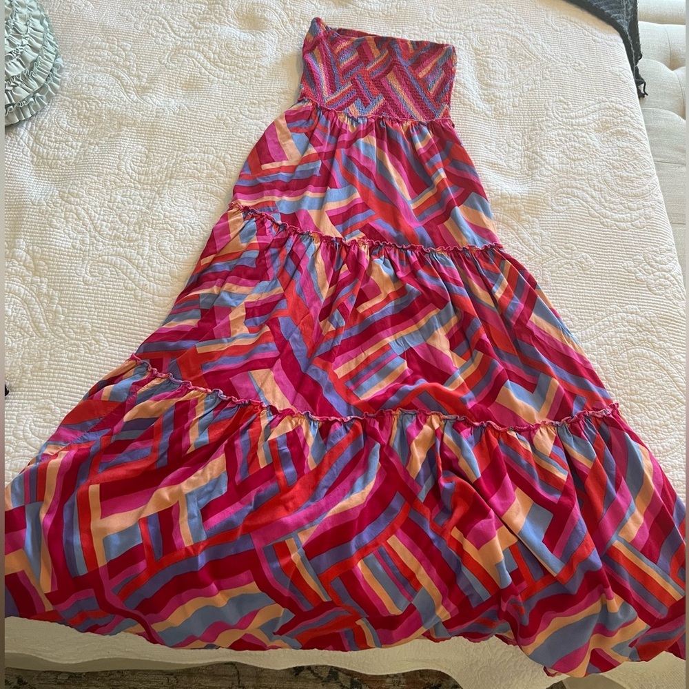 Pink multicolor maxi strapless dress